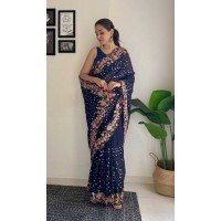 Navy Blue Georgette Sequins Work Party Wear Saree - 10254193008