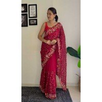 Red Georgette Sequins Work Party Wear Saree - 10254193009