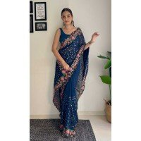 Teal Blue Georgette Sequins Work Party Wear Saree - 10254193010