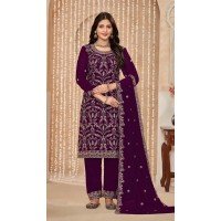 Faux Georgette Resham Work Pakistani Salwar Kameez In Wine - 10264193062