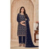 Faux Georgette Resham Work Pakistani Salwar Kameez In Navy Blue - 10264193063