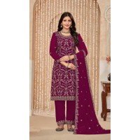 Faux Georgette Resham Work Pakistani Salwar Kameez In Rani Pink - 10264193064