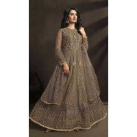 Net Embroidered Party Wear Gown With Dupatta In Beige - 10266193076