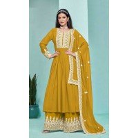 Faux Georgette Sequins Work Party Wear Palazzo Suit In Yellow - 10268193088