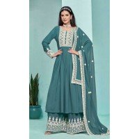 Faux Georgette Sequins Work Party Wear Palazzo Suit In Rama Blue - 10268193090