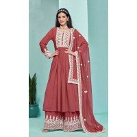 Faux Georgette Sequins Work Party Wear Palazzo Suit In Red - 10268193091