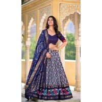 Navy Blue Tussar Silk Foil Work Traditional Wear Lehenga Choli - 10278193126