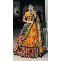 Mustard Tussar Silk Gamthi Work Navratri Lehenga Choli - 10279193128