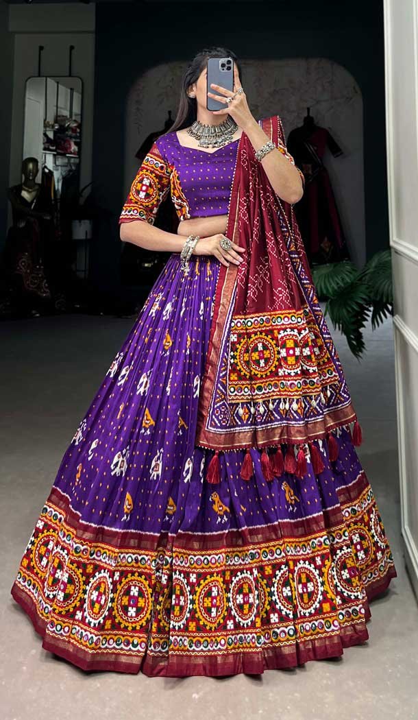 Designer lehenga for women in nylon silk decked with zari weaving work all top over with printed dupatta party wear lehenga choli