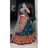 Rama Blue Tussar Silk Gamthi Work Navratri Lehenga Choli - 10279193131