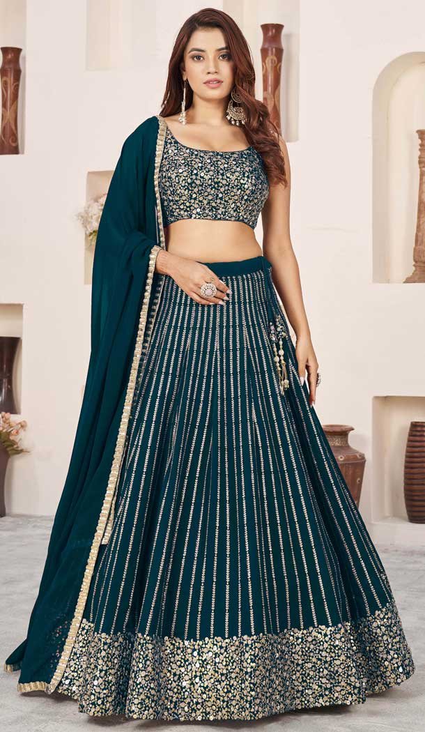 Georgette Leheriya Printed Party Wear Lehenga Choli In Teal Green - 10452194040