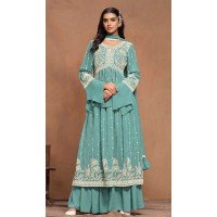 Faux Georgette Sequins Work Party Wear Palazzo Suit In Sky Blue - 10498194254