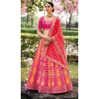 Pink And Orange Banarasi Silk Resham Work Wedding Wear Lehenga Choli - 10500194263