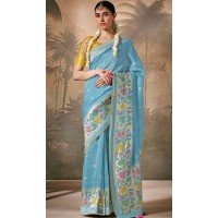 Sky Blue Silk Embroidered Designer Wear Saree - 10527194470