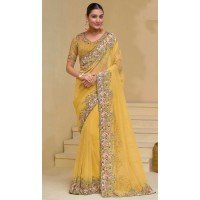 Yellow Banarasi Tuscany Resham Work Designer Wear Saree - 10530194489