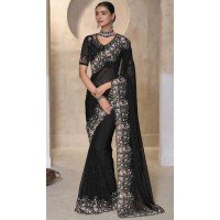 Black Banarasi Tuscany Resham Work Designer Wear Saree - 10530194490