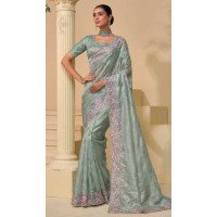 Aqua Blue Pure Soft Shine Resham Work Designer Wear Saree - 10530194491