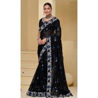 Black Banarasi Tuscany Sequins Work Designer Wear Saree - 10530194493