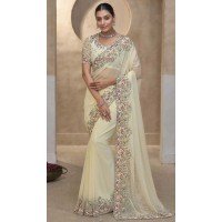 Cream Banarasi Tuscany Resham Work Designer Wear Saree - 10530194496