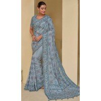 Sky Blue Banarasi Tuscany Resham Work Designer Wear Saree - 10530194498