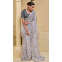 Grey Pure Soft Shine Resham Work Designer Wear Saree - 10530194501