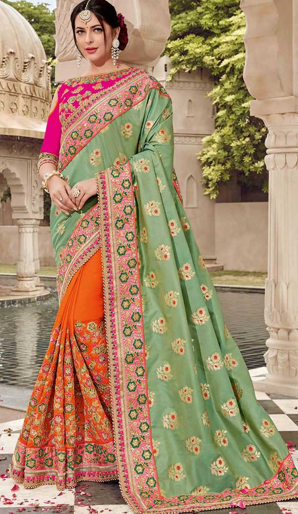 Green and Grange Silk Jacquard Heavy Embroidery Bridel Saree | 374844799