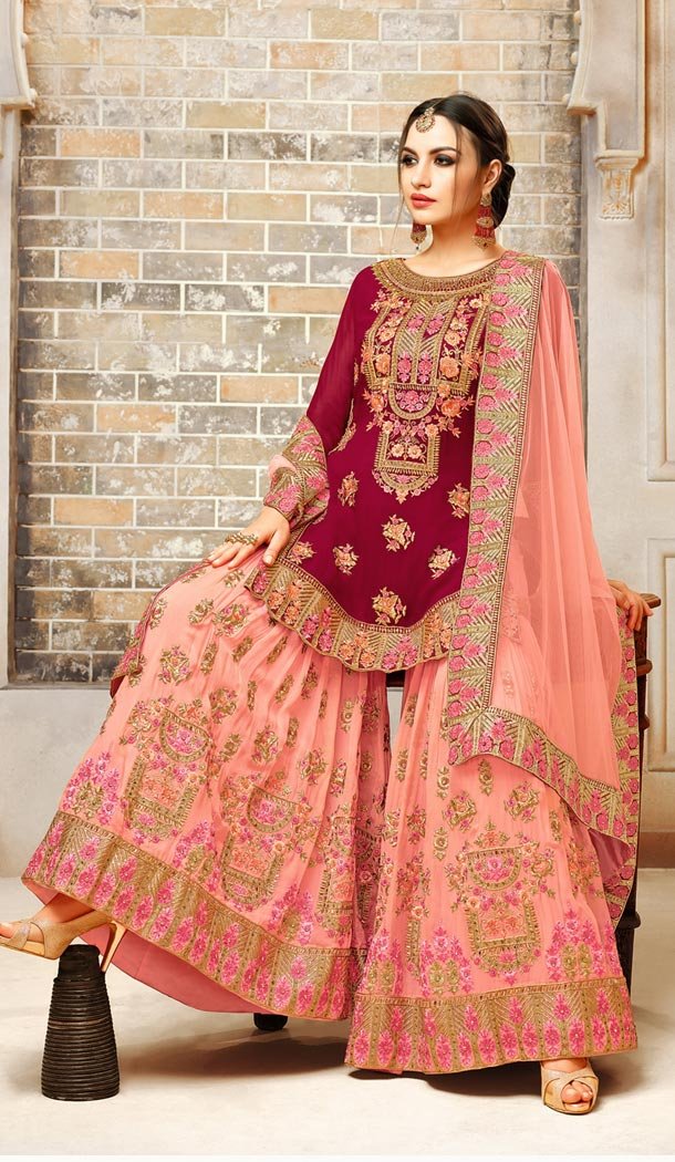 Maroon Color Faux Georgette Straight Cut Sharara Suit - 404248805