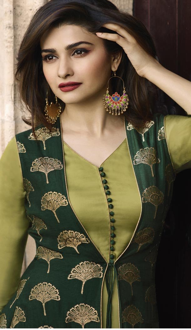 TV Actress Prachi Desai Dark Green Color Jacquard Silk Ready Made K ...