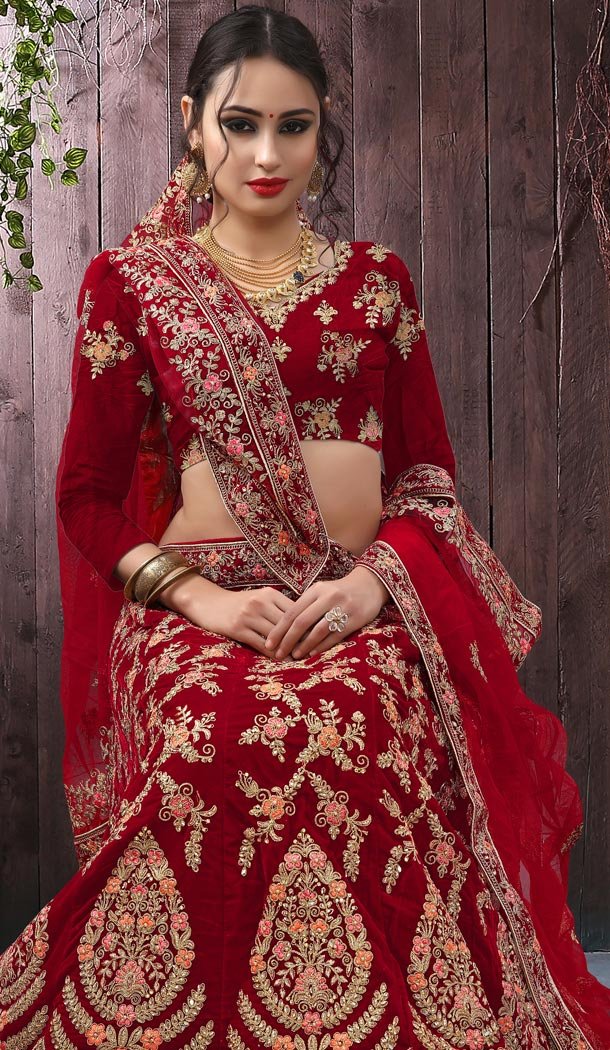 Velvet Red Color Havvy Work Designer Bridel Lehenga Choli For Women