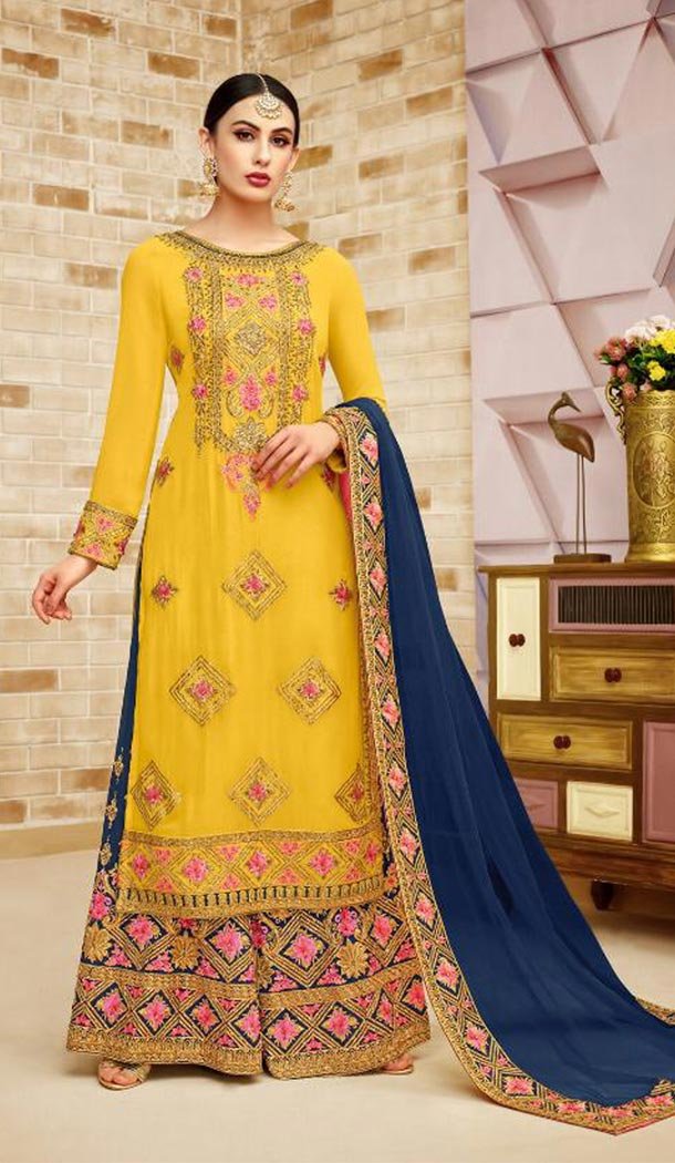 Yellow Color Faux Georgette Punjabi Sharara Salwar Kameez