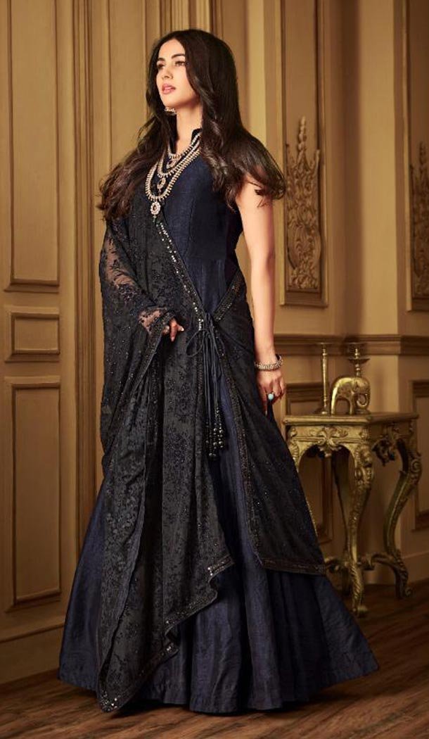 Majesty Dark Blue Color Net Designer Party Wear Sharara Salwar Kameez