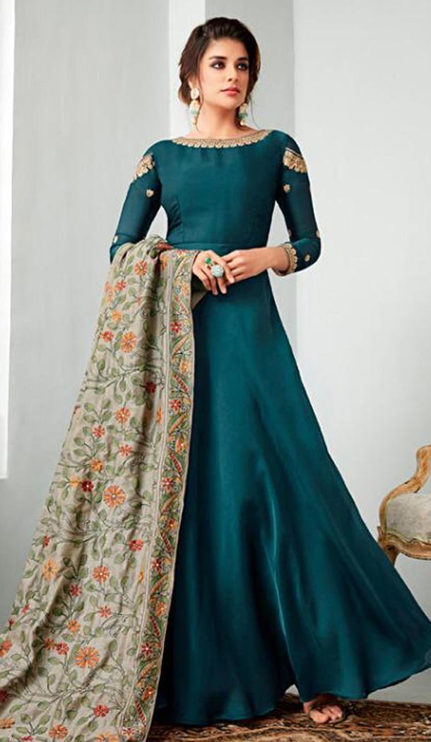 Aqua Blue Color Satin Georgette Knee Length Anarkali Salwar Kameez