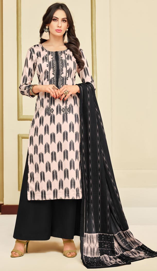 Black and Off White Color Heavy Chanderi Daily Wear Palazzo Salwar Kameez