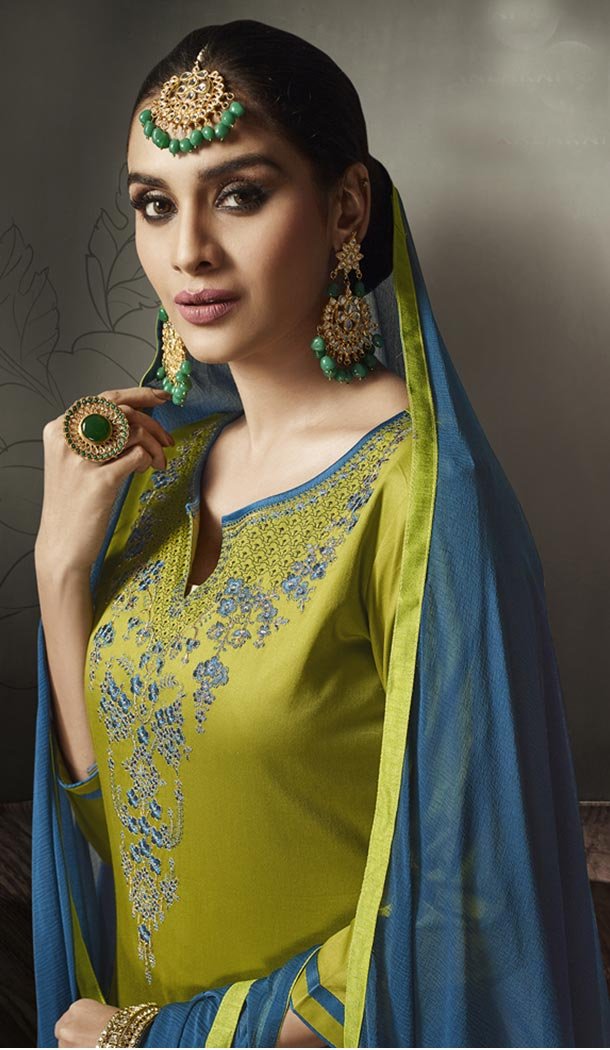 Olive Green Color Jam Silk Cotton Party Wear Lehenga Suit