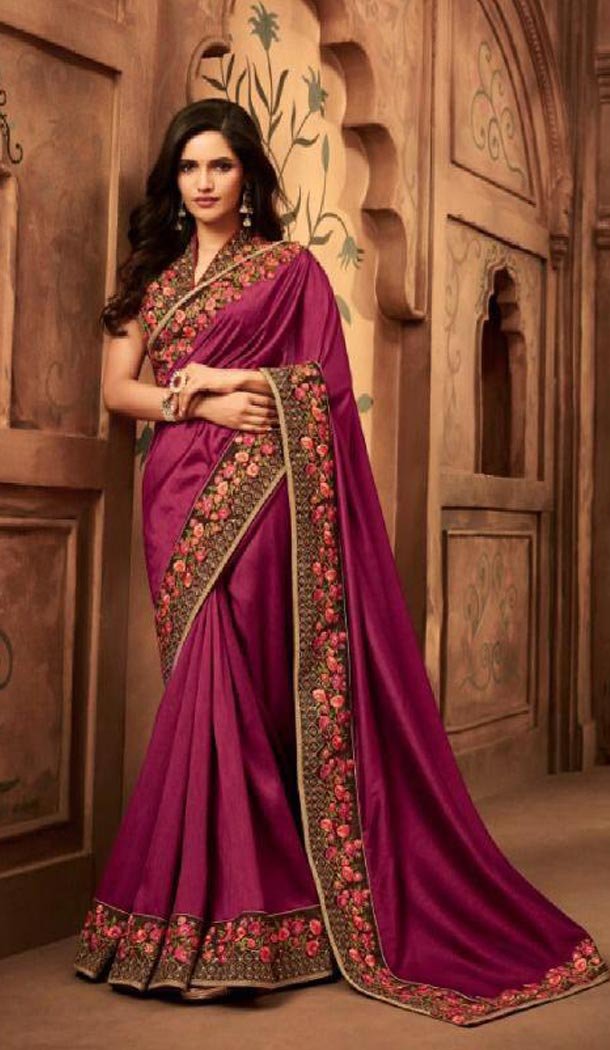 Ethnic Violet Color Silk Heavy Embroidery Traditional Saree