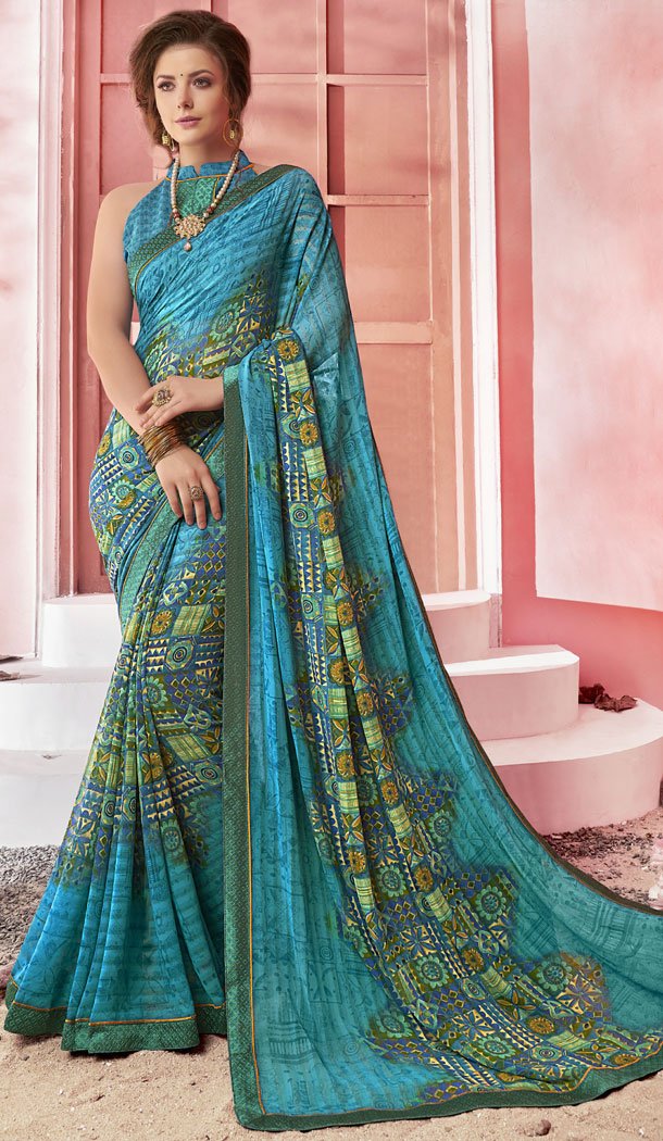 Ethnic Pale Blue Color Major Georgette Fancy Printed Saree