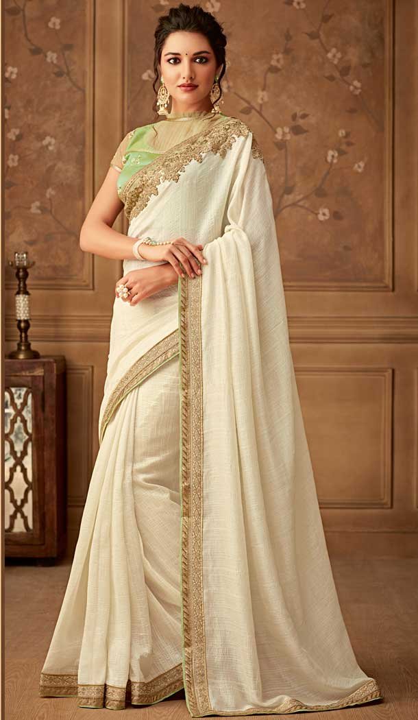 Off White Color Nyraa Chiffon Designer Blouse with Party Wear Saree