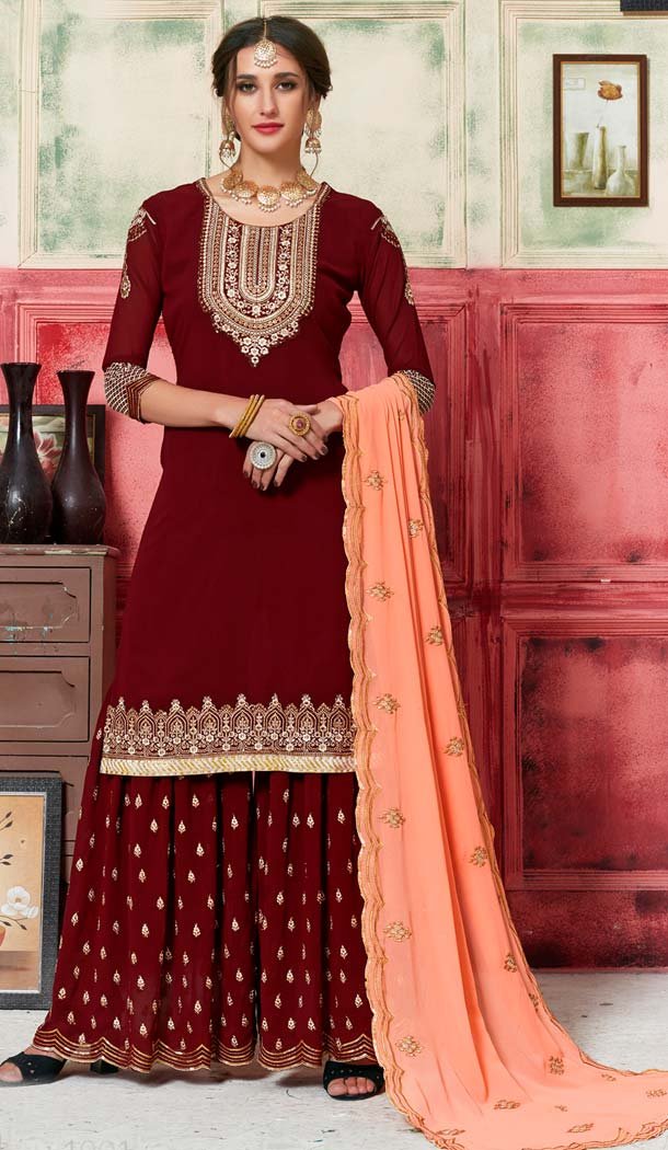 sharara suit maroon