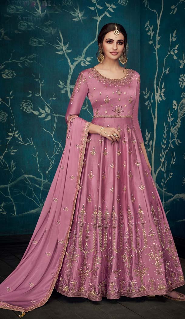 Old Rose Pure Sartin Silk Party Long Anarkali Salwar Kaneez