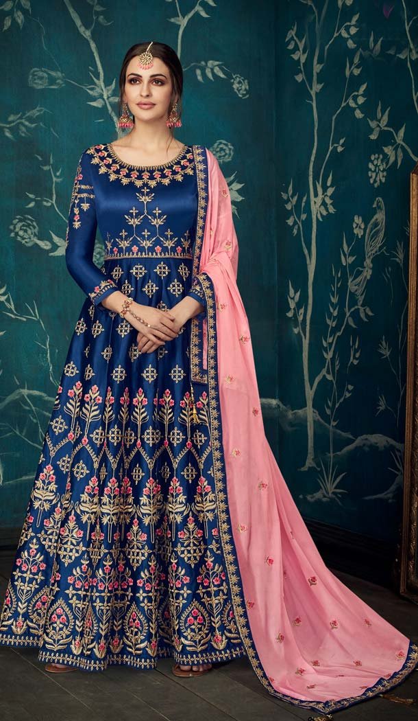 Navy Blue Pure Sartin Silk Party Long Anarkali Salwar Kaneez