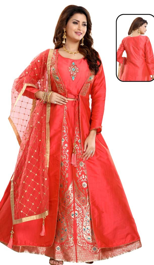 Elegance Red Color Bamboo Silk Readymade Lehenga Suits With Jacket