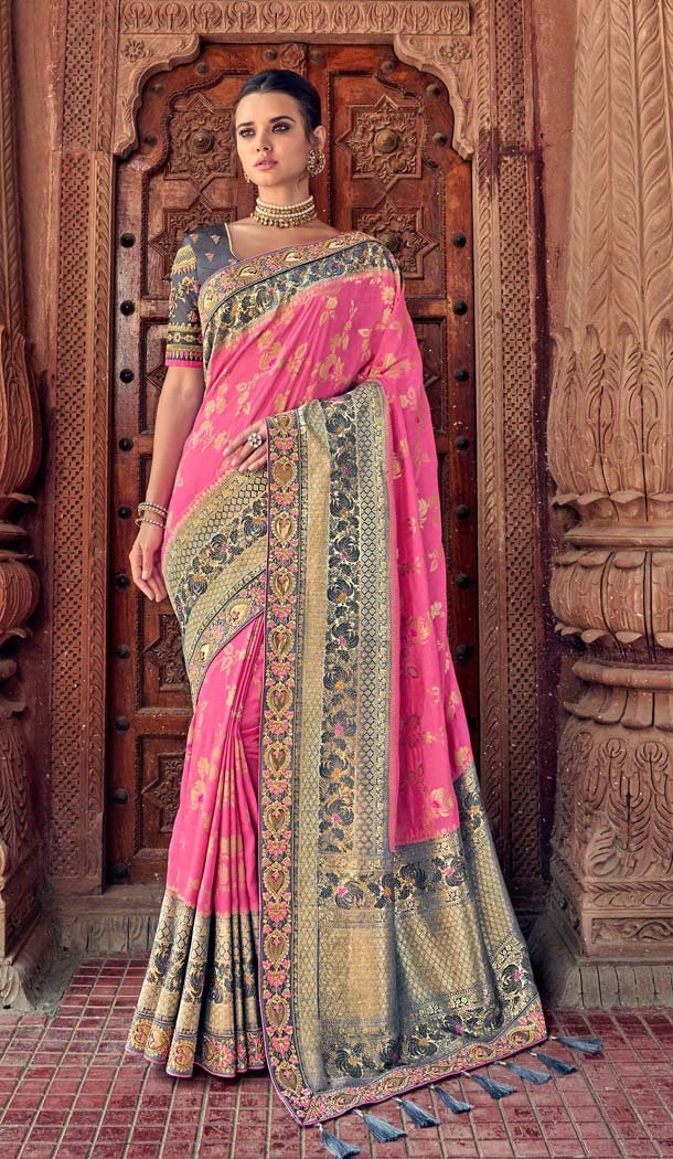 Pink Color Silk Designer Wedding Saree Blouse Heenastyle