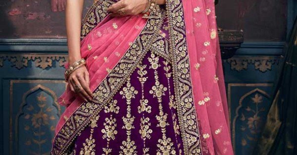 Purple Color Velvet Designer Wedding Ladies Lehenga Choli Heenastyle