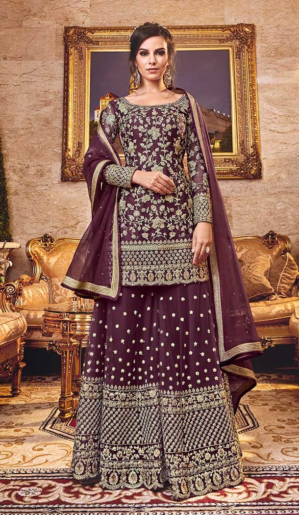 sharara suit wine colour