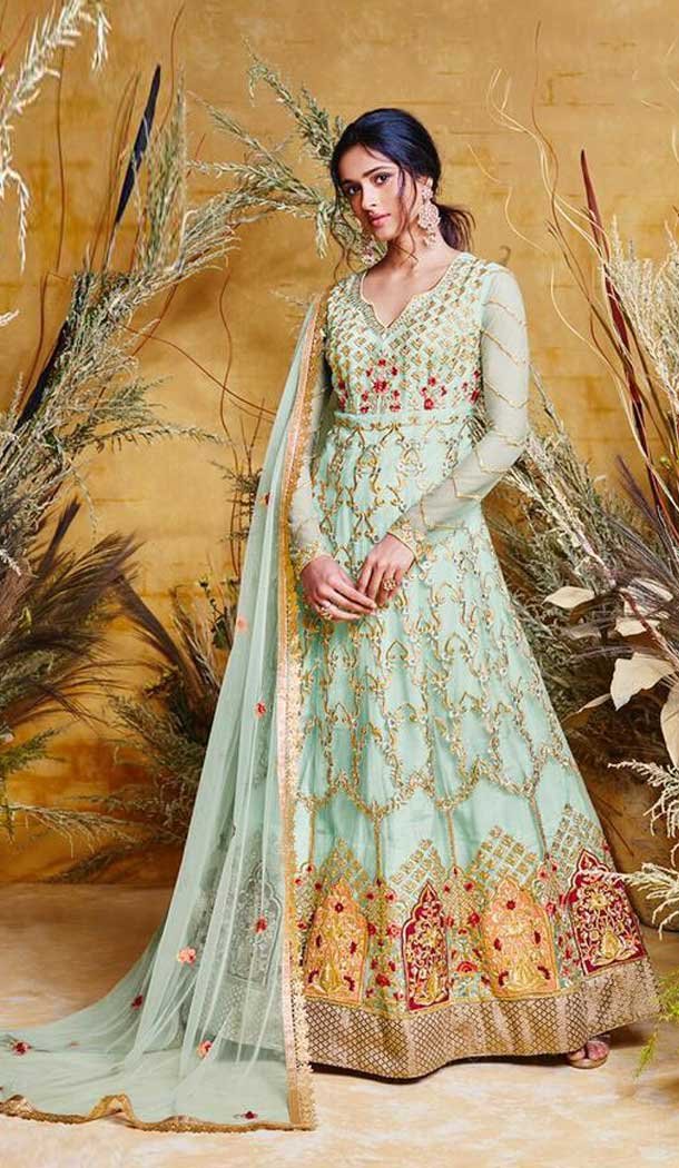 Gorgeous Sky Blue Color Heavy Net Designer Long Anarkali Salwar Kameez