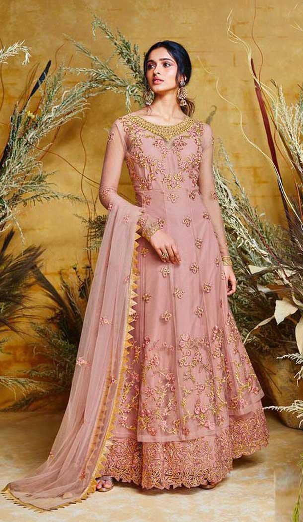 Magnificient Light Pink Color Heavy Net Designer Long Anarkali Salwar Kameez