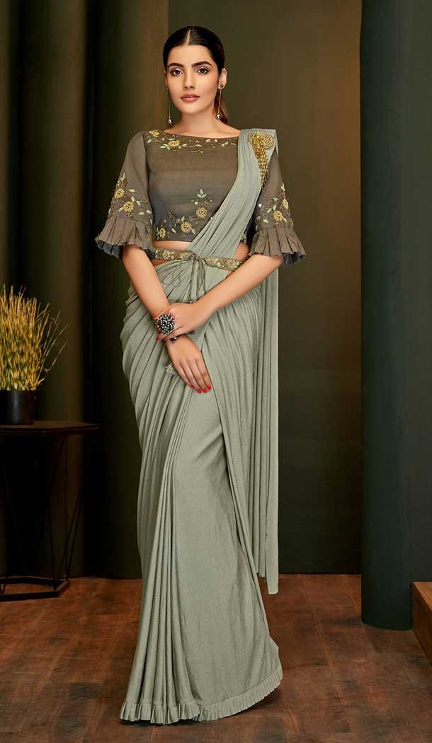 Wedding wear Lycra Grey Long Blouse Readymade Saree MS531163