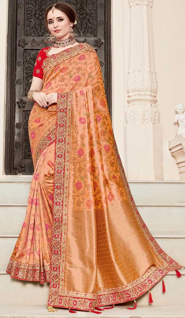 peach color bridal saree