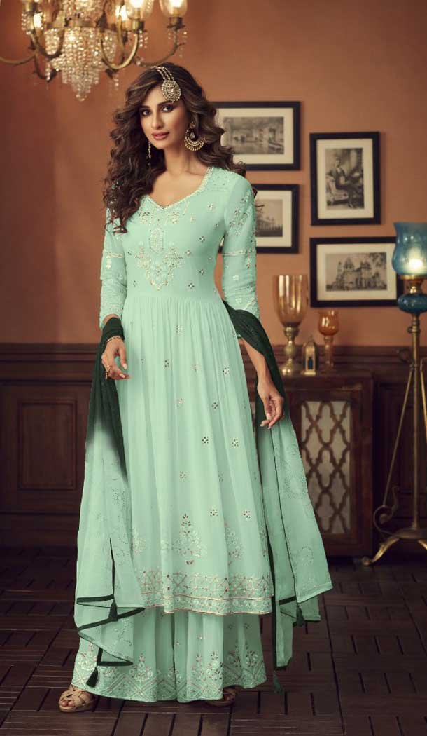 Aqua Green Color Foux Georgette Designer Pakistani Style Palazzo Suit -8341100990