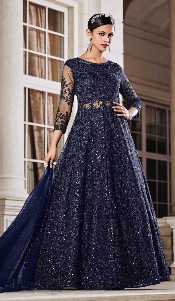 Heenastyle Navy Blue Color Soft Net Designer Evening Wear Plus Size Gown Suit - 3718149245